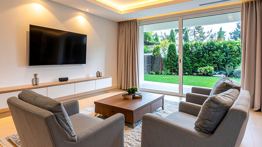A bright living room with gray chairs, a large mounted television, and a sliding glass door that opens to a green yard.