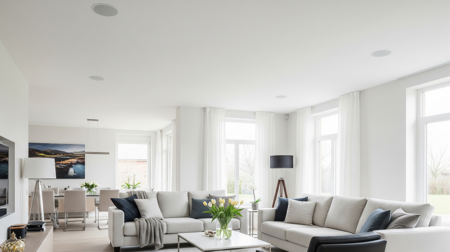 A large, modern living room with two gray sofas and an open dining area, featuring recessed ceiling speakers.