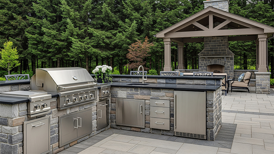 A spacious outdoor kitchen with a stone-clad grill and sink, a stainless steel refrigerator, and a covered patio area with a fireplace.