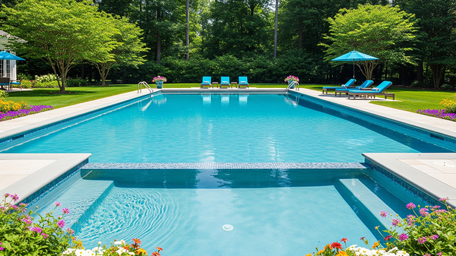 Rectangular outdoor pool with lounge chairs, umbrellas, and surrounding trees and colorful flowers.