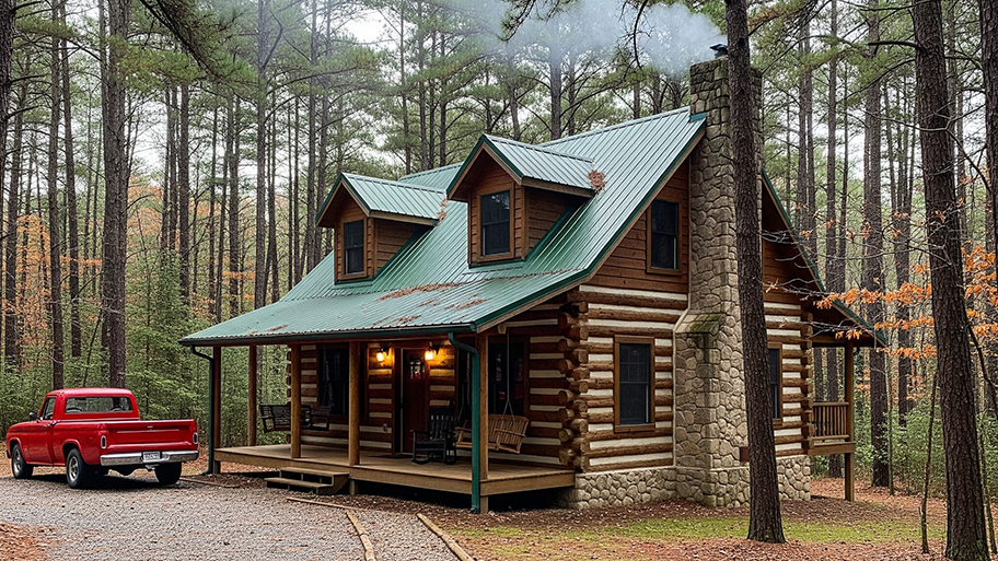 A cozy log cabin with a green metal roof and stone chimney sits in a forest with a red pickup truck parked out front.