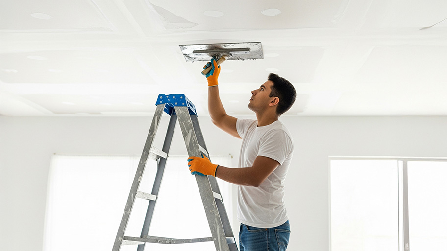 A male in a white shirt and orange gloves uses a trowel to apply plaster to a ceiling while standing on a ladder.