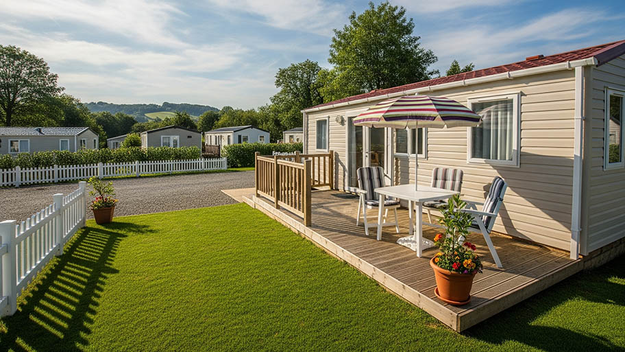 A white mobile home with a small wooden deck and patio furniture sits on a lawn with a white picket fence.