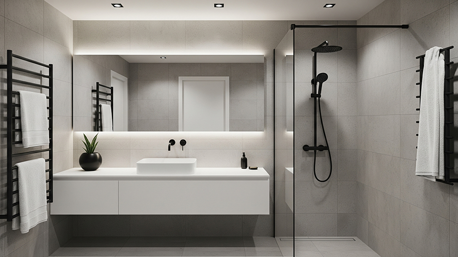 A modern, gray-tiled bathroom with a glass shower, a floating vanity, and matte black hardware.