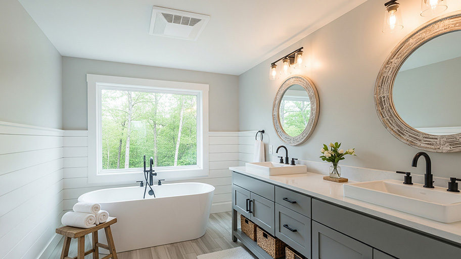 A spacious, modern bathroom with a freestanding tub, dual vanity, and a ceiling-mounted exhaust fan.