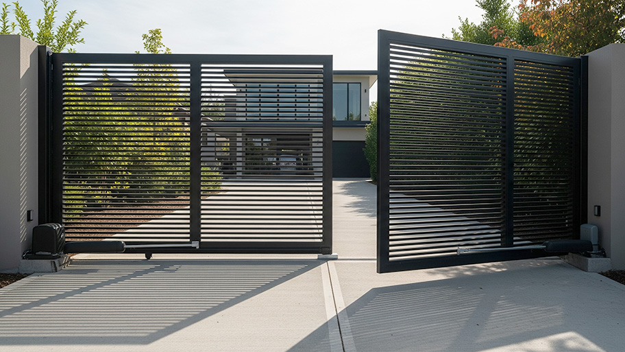 A sleek black metal gate with horizontal slats opens to a modern home with a concrete driveway.