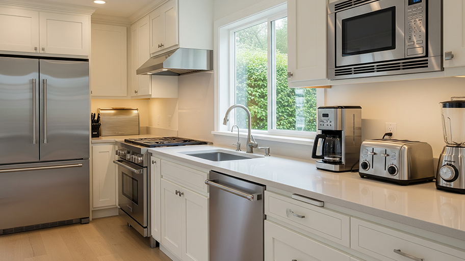 A modern kitchen with white cabinets, stainless steel appliances, and small countertop devices like a coffee maker and toaster.