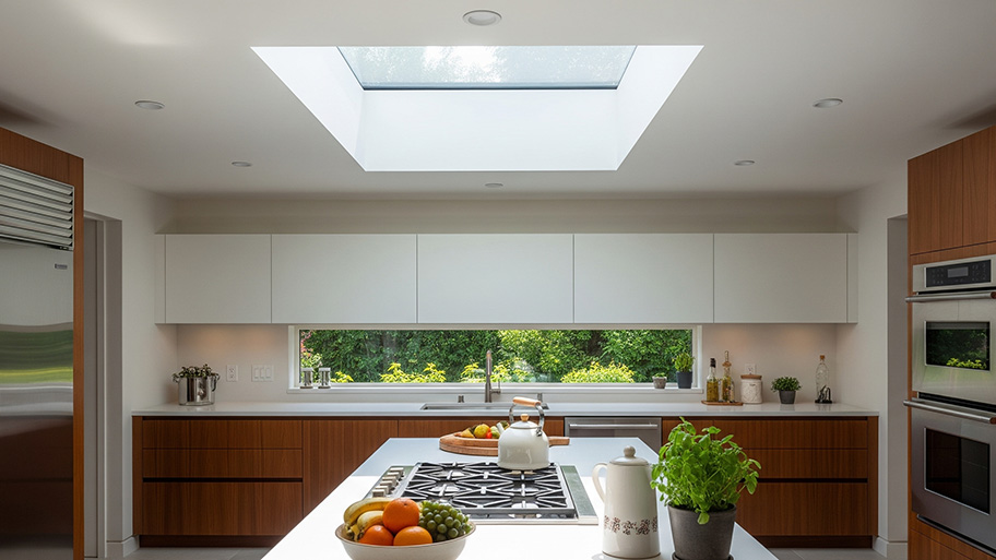 A modern kitchen with a large skylight, a sleek island, and a long window overlooking lush greenery.