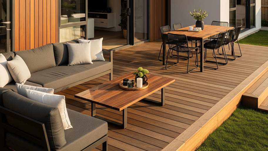Wooden deck with outdoor sofa, coffee table, dining table, and chairs outside a modern home.