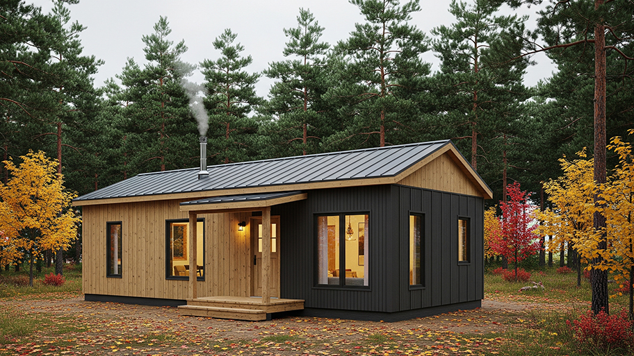 A rustic modular home is nestled in a forest with black siding and a wooden porch, with smoke coming from the chimney.