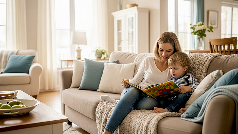 A mother and her young child sit on a beige couch, reading a picture book together in a bright, cozy living room.