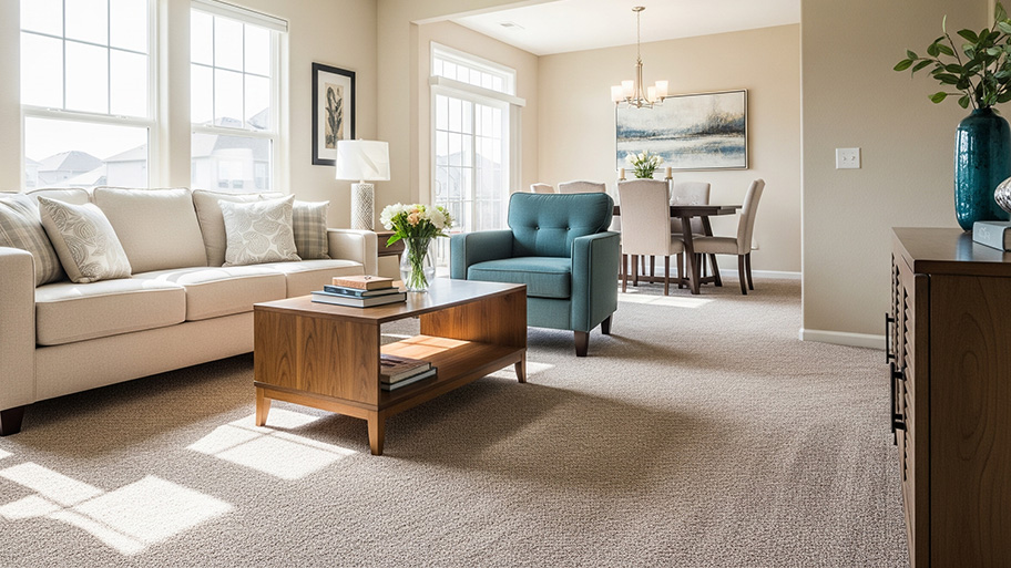 A living room with beige carpeting, a cream-colored couch, a blue accent chair, and an open dining area in the back.