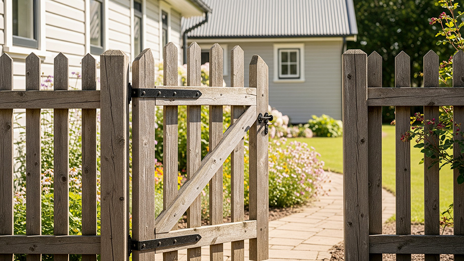 Wooden picket fence gate opening to a yard path with house siding visible in the background.