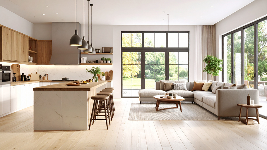 A stylish open-concept living room and kitchen with light wood floors and large windows looking out to a garden.