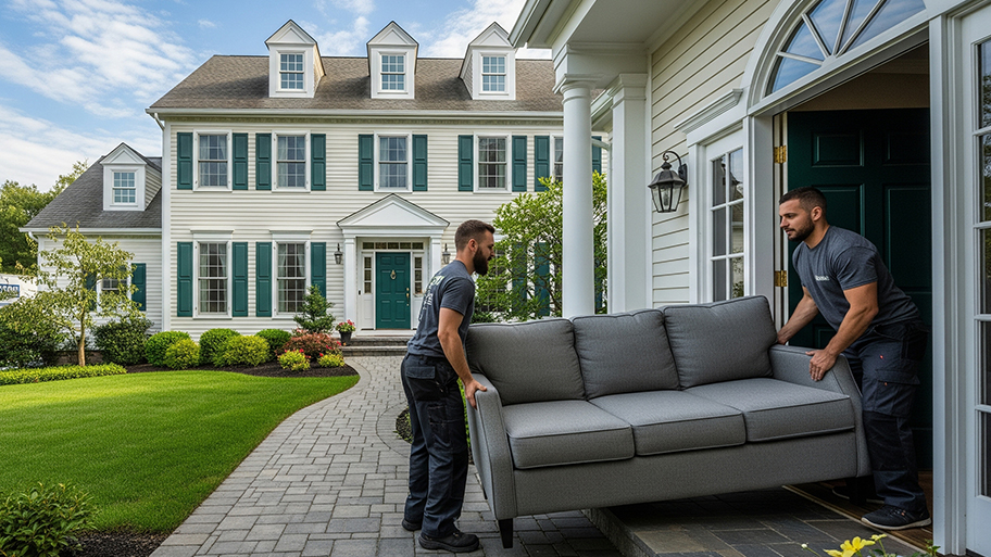 Two movers carry a gray sofa out of a large suburban home with white siding, green shutters, and a manicured lawn.