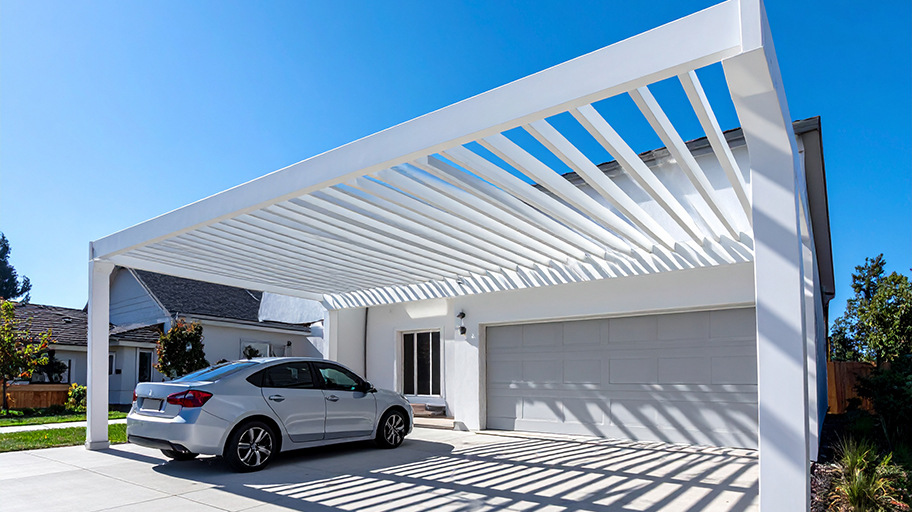 A silver sedan is parked under an open-air metal or wood carport next to a white house and a garage.
