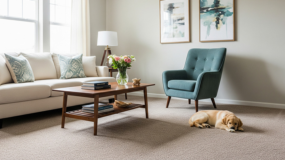A cozy living room with carpet flooring features a resting puppy, modern furniture, and soft natural lighting.