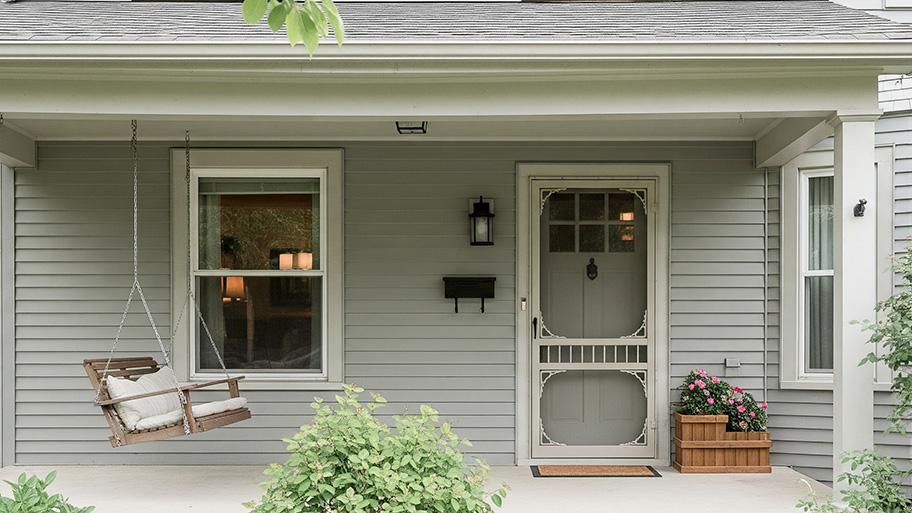 A cozy front porch with a screen door, wooden porch swing, flower planter, and light gray siding.