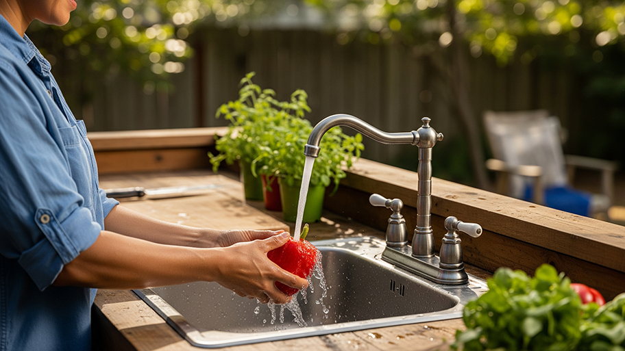 A person's hands wash a red bell pepper in an outdoor kitchen sink with a stainless steel faucet.