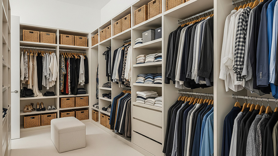 A well-organized walk-in closet with built-in shelving, hanging clothes, drawers, and woven baskets.
