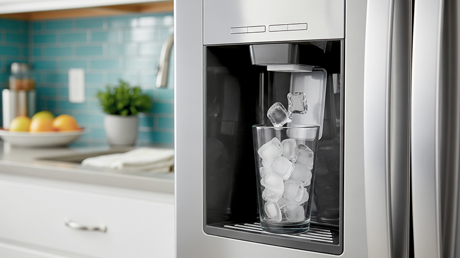 A refrigerator ice maker dispenses ice cubes into a glass in a modern kitchen with a blue tile backsplash.