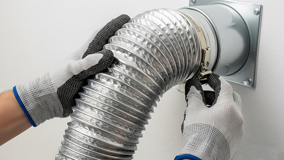 A person wearing gloves disconnects a flexible dryer vent hose from the wall exhaust duct for maintenance or cleaning.