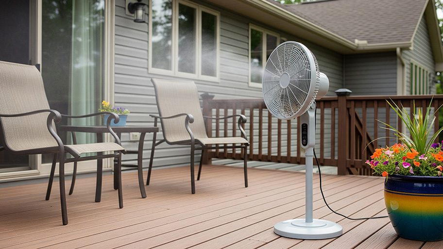 A large, gray misting fan is shown on a wooden deck, cooling a patio table with two chairs.