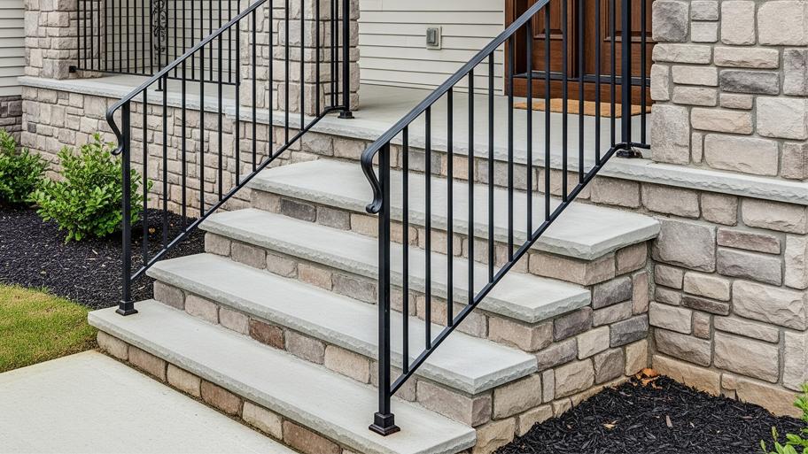 Stone front steps with a black metal handrail lead up to a porch with stone and siding exterior walls.