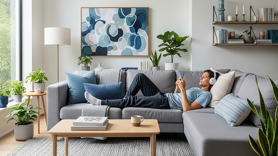 A person wearing headphones relaxes on a gray couch while looking at their phone in a bright living room.