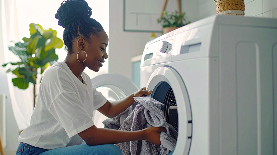 A smiling woman loads a gray towel into a white front-load washing machine in a well-lit laundry room.