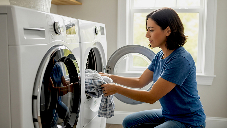 A woman kneels in front of a front-loading dryer unloading clean laundry in a bright modern laundry room.