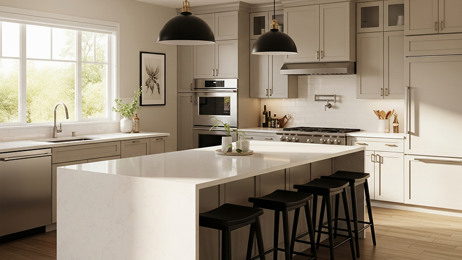 A modern kitchen with quartz countertops, light cabinetry, black pendant lights, and a large island with barstools.