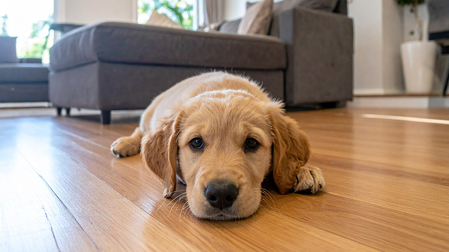 A golden puppy lies on a clean hardwood floor in a cozy living room with a gray sofa in the background.