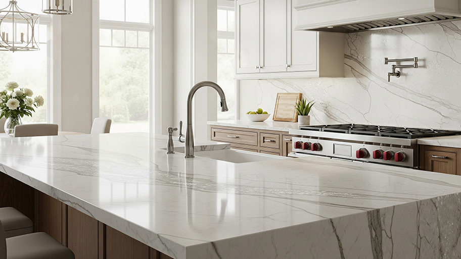 A luxury kitchen features quartzite countertops, a large island sink, white cabinets, and a commercial-style range.