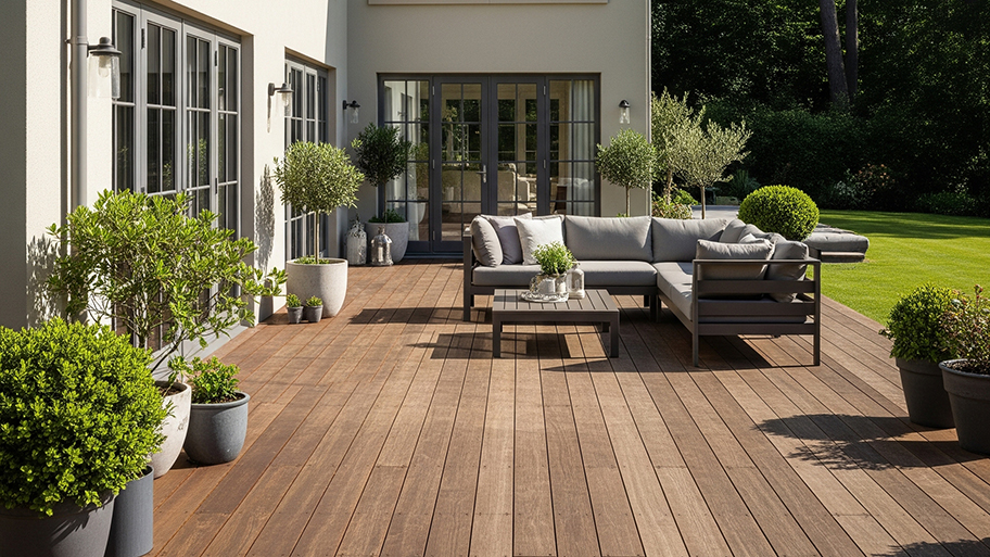 A modern wood deck with outdoor seating, potted plants, and glass doors opens to a lush green backyard.