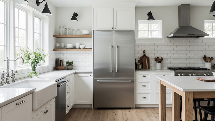 A bright farmhouse kitchen with white cabinets, subway tile backsplash, stainless steel refrigerator, and wood accents.