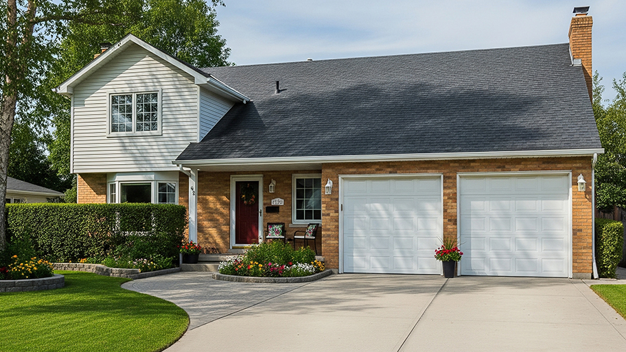 A residential house with a brick and siding exterior, a two-car garage, and a newly paved concrete driveway.