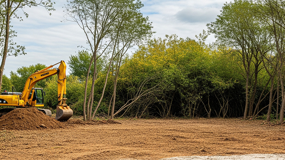A yellow excavator sits on cleared dirt in a wooded area, preparing land for residential development or construction.