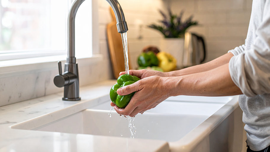 A person rinses a green bell pepper under running water at a kitchen sink with a modern faucet and marble countertop.
