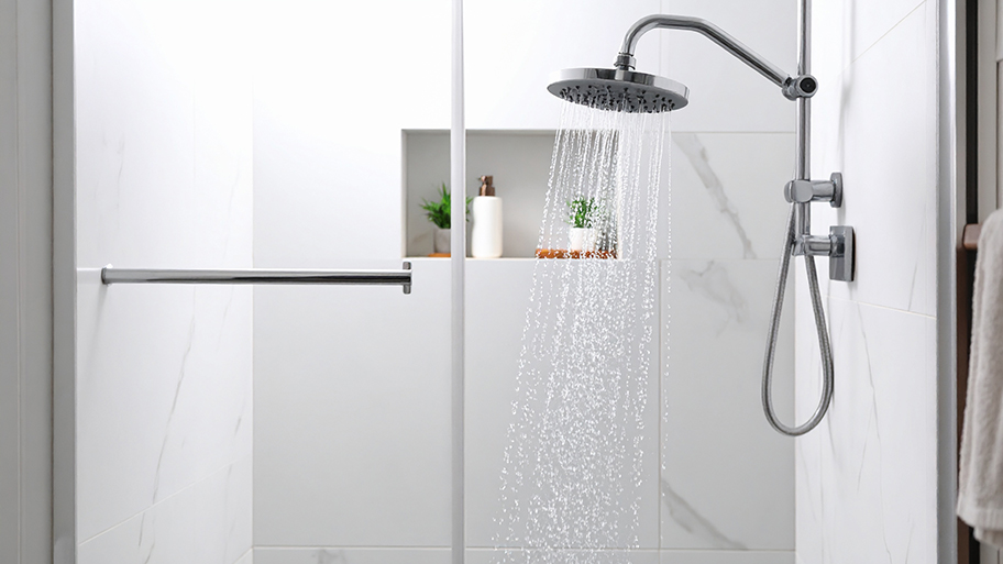 A modern shower with a rainfall showerhead releases water in a sleek bathroom with white marble tile walls.