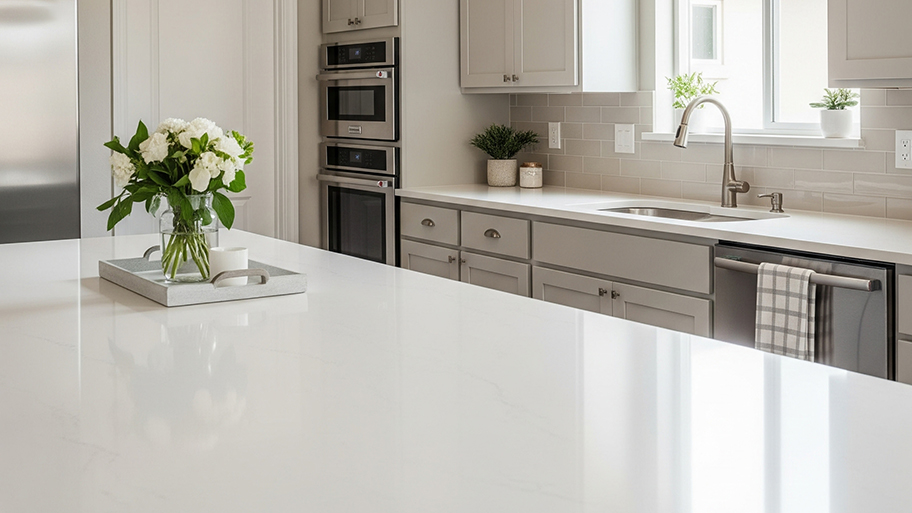 A bright kitchen features Silestone countertops, gray cabinets, stainless steel appliances, and a vase of white flowers.