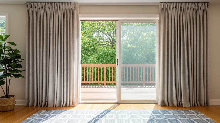 A bright room with floor-to-ceiling curtains and a sliding glass door that opens to a wooden deck with lush greenery outside.