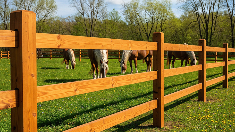 Several horses graze in a green pasture enclosed by a wooden split rail fence on a sunny day with trees in the background.