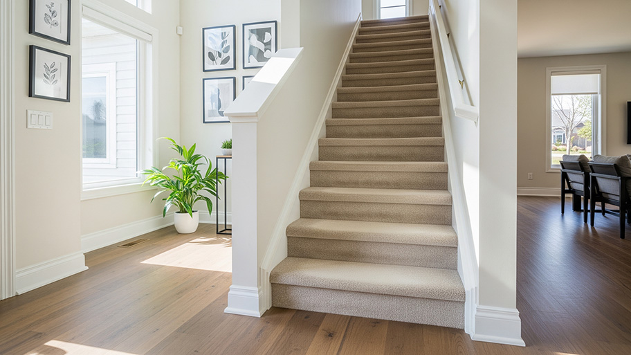 A soft beige carpeted staircase is centered in a bright modern home with wood flooring, large windows, and framed wall art.