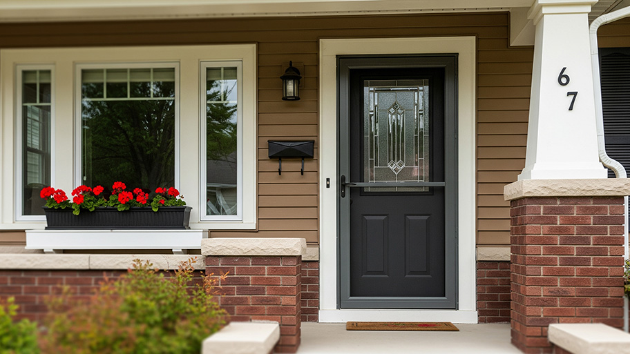 Beige house exterior with brick columns, a black storm door with decorative glass, and red geraniums in a window box.