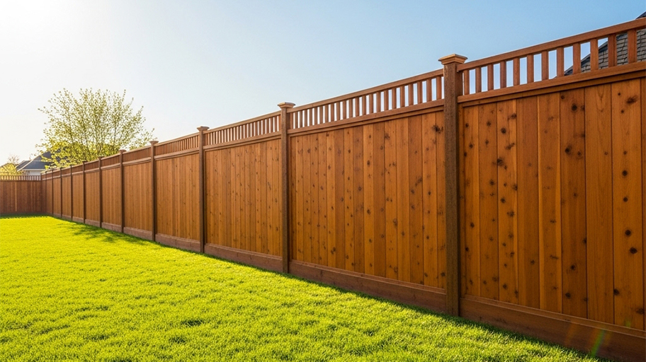 A tall wooden privacy fence with decorative lattice toppers borders a sunny backyard with lush green grass.