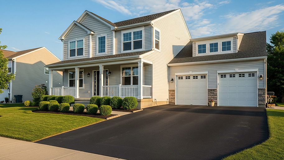 Two-story suburban home with beige siding, white trim, and a freshly sealed black asphalt driveway under a blue sky.