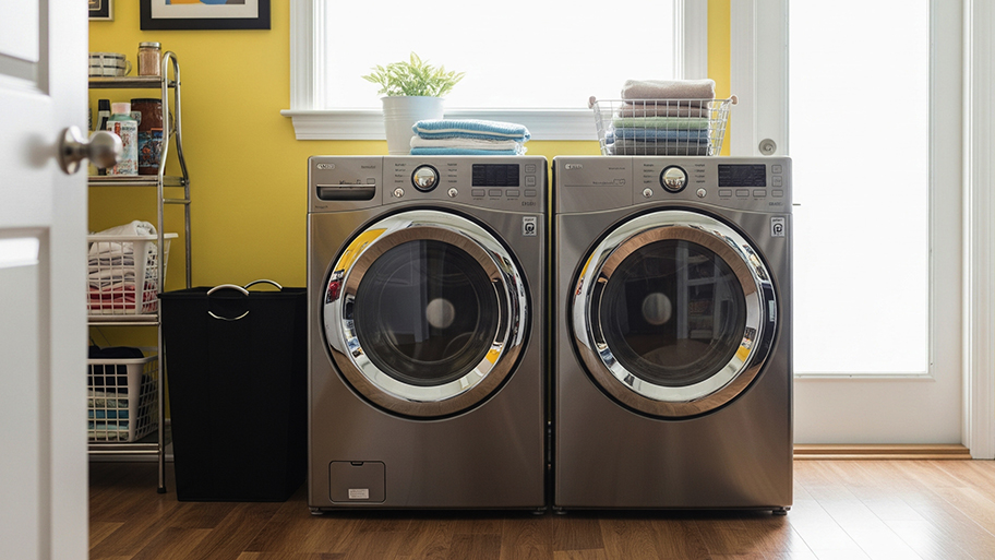 Front-load washer and dryer beneath a window in a bright yellow laundry room with folded towels and metal shelving.
