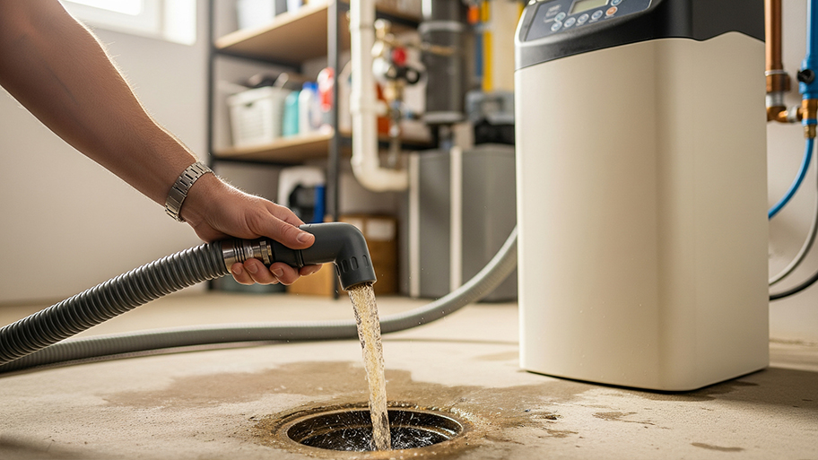 Hand holding a hose discharging brine water from a water softener into a floor drain in a utility room.