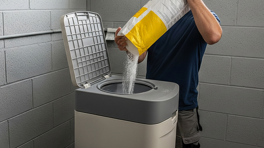 A person pours a large bag of salt pellets into the brine tank of a residential water softener.